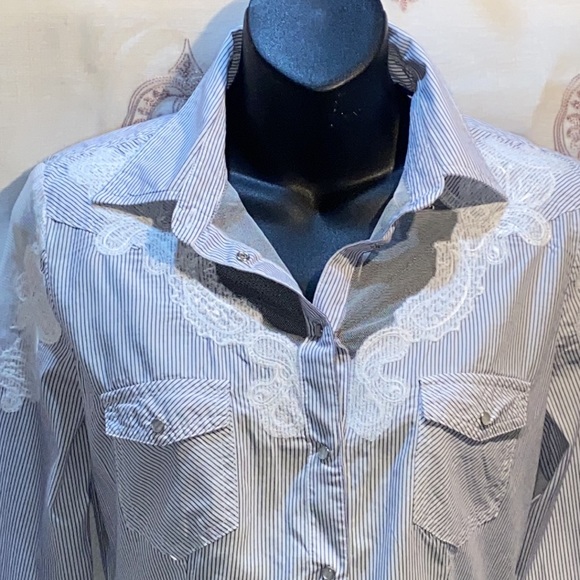 GUESS STRIPED SNAP-DOWN SHIRT MESH/LACE APPLIQUÉ SZ XS - Picture 2 of 16